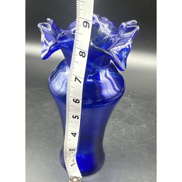 VTG MCM Cobalt Blue Swirl Glass Vase Crimped Ruffled Rim 8.5” - Picture 5 of 6